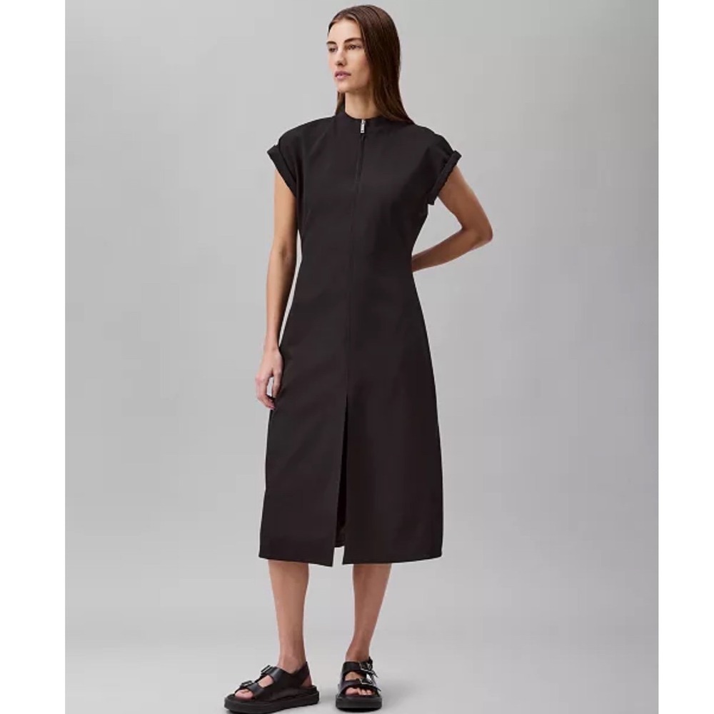 Calvin Klein Womens Black Front Zip Mock Neck Cap Sleeve Midi Sheath Dress 10
